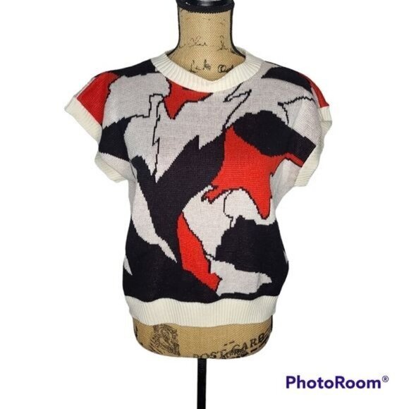 Vintage Tops - Vintage 70's Abstract Black White Red Sweater Short Sleeve Top